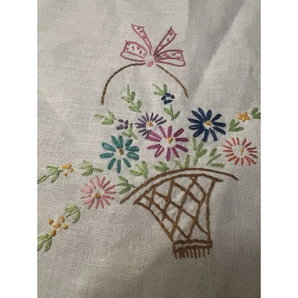 Round White Linen Doily Embroidered Floral Basket w/ Crocheted Lace Edge